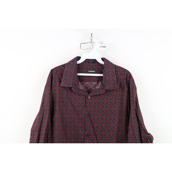 Express Mens 2XL XXL Slim Fit Geometric Tapestry Collared Button Shirt Cotton - Picture 2 of 11